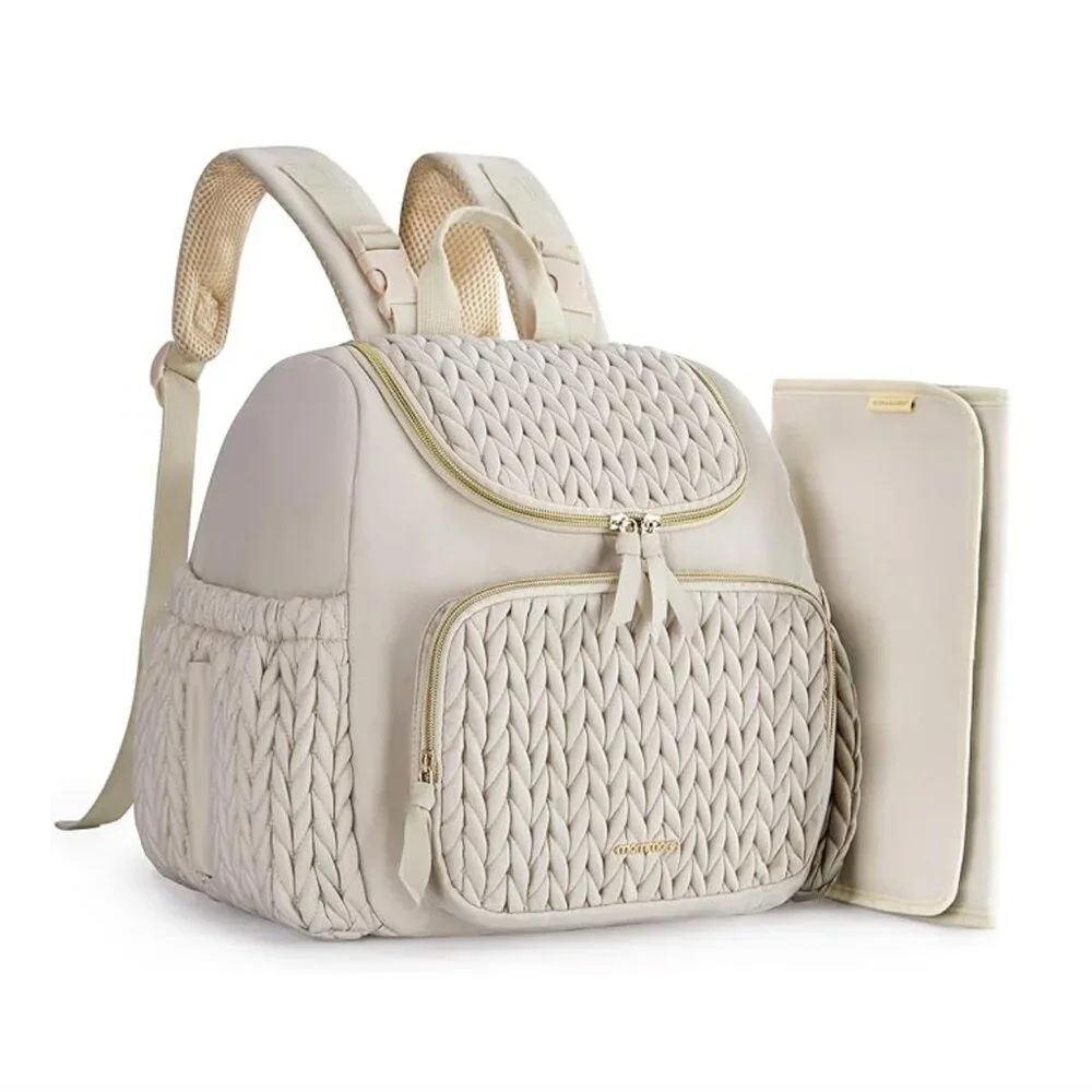 Stylish Quilted Compact Diaper Bag Backpack in Cream NWT